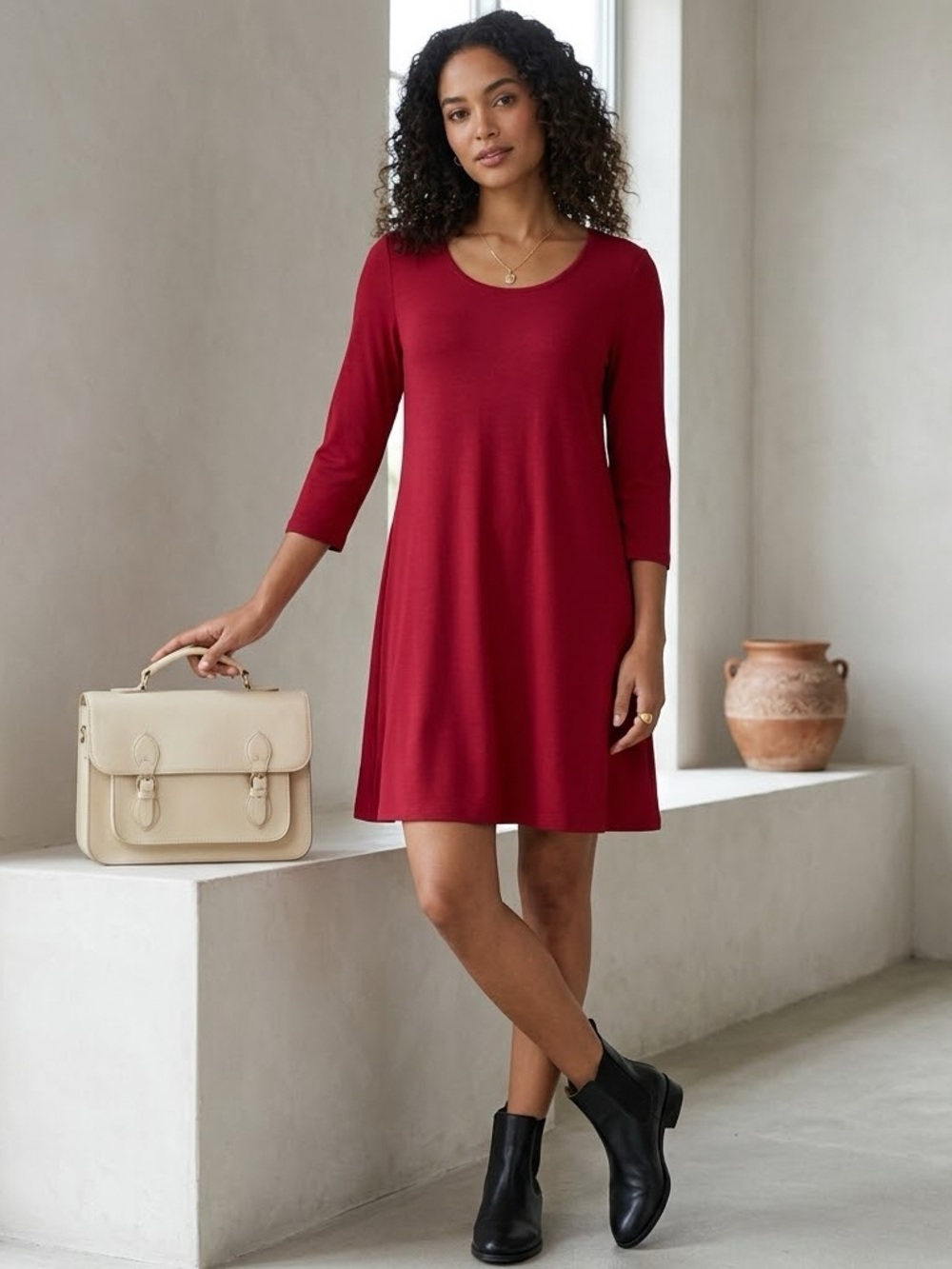 Eileen Fisher Dress Small Red Swing Tunic Scoop Neck 3/4 Sleeve Minimalist
